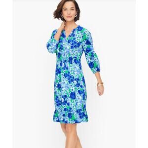 Talbots Botanical Blue Green Poppy Floral Knee Length Dress 16 W Elastic Waist